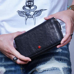 Genuine Leather Mens Cool Long Leather Wallet Zipper Clutch Wallet for Men