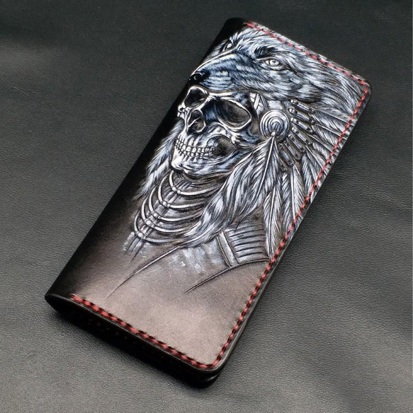 Black Handmade Tooled Indian Chief Skull Leather Mens Long Wallet Bifold Long Wallet For Men