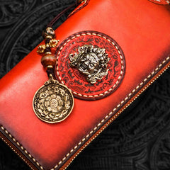 Handmade Leather Mahākāla Mens Chain Biker Wallet Cool Leather Wallet Long Clutch Wallets for Men