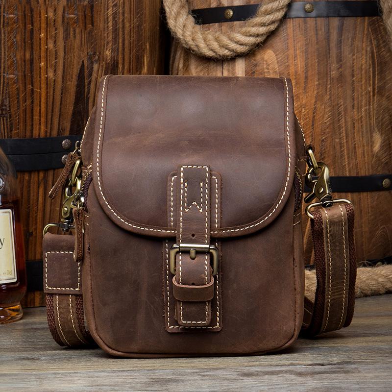 Dark Brown Casual Leather Mens Small Side Bag Messenger Bag Waist Bag Belt Pouch for Men - imessengerbags
