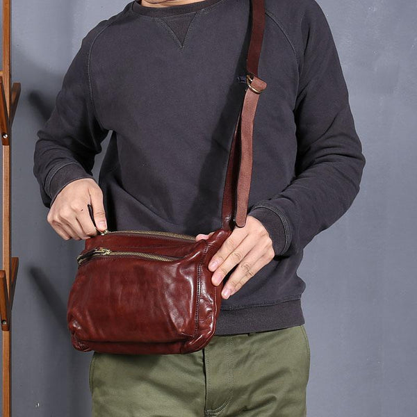 Vintage Black Leather Mens Cool Small Side Bag Messenger Bag Brown Postman Courier Bag for Men - imessengerbags