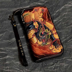 Badass Black Leather Men's Long Biker Handmade Wallet Beast Totem Tooled Zipper Long Chain Wallets For Men