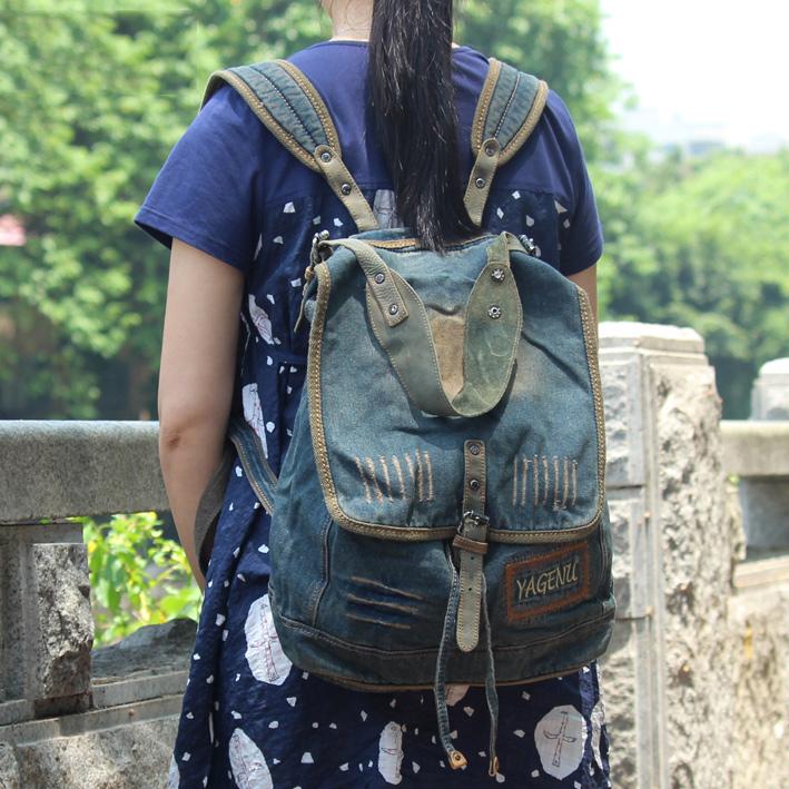 Fashion Denim Blue Mens Womens Backpack School Backpack Blue Jean Travel Backpacks For Men - imessengerbags