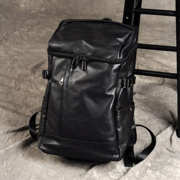 Genuine Leather Mens Cool Backpack Sling Bag Large Black Travel Bag Hiking Bag for men - imessengerbags
