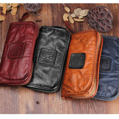 Handmade Leather Mens Cool Black Long Leather Wallet Brown Zipper Clutch Wallet Phone Bag for Men - imessengerbags