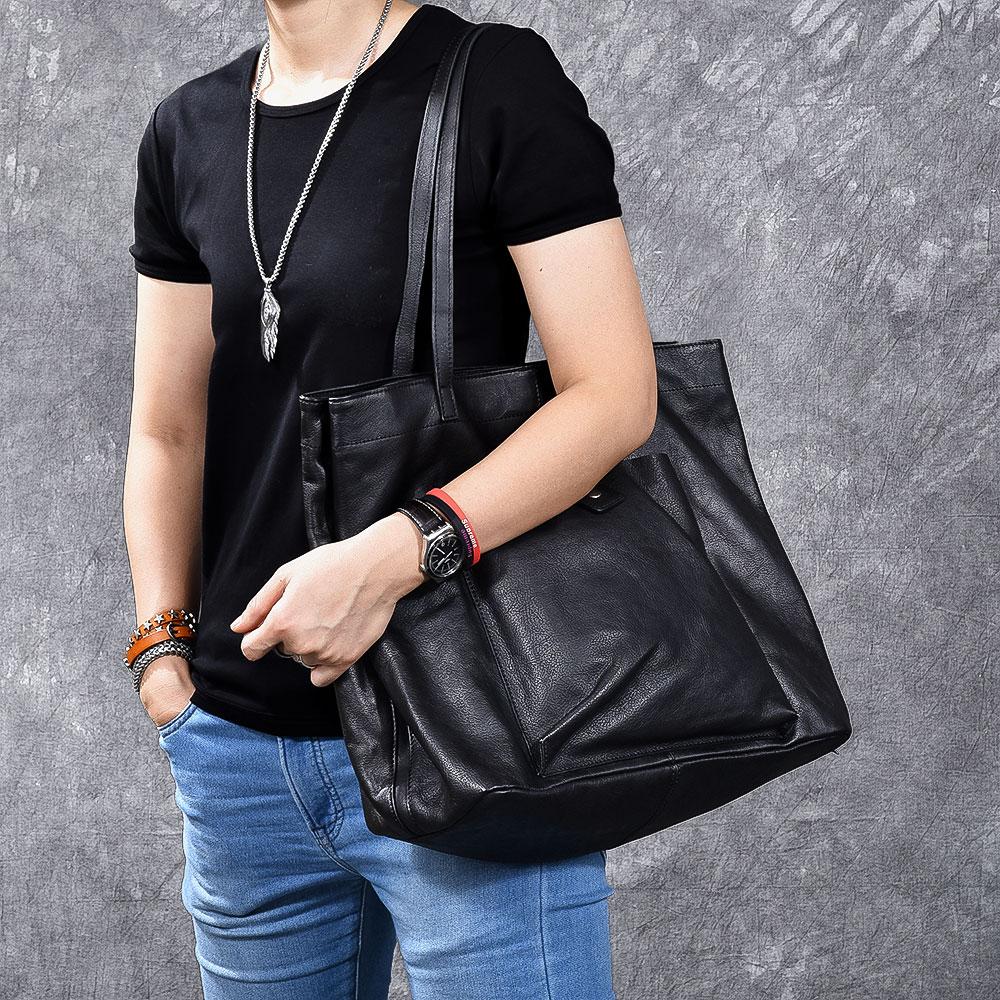 Leather Mens Womens 15" Large Shoulder Bag Black Tote Bag Large Side Bag Handbag For Men - imessengerbags