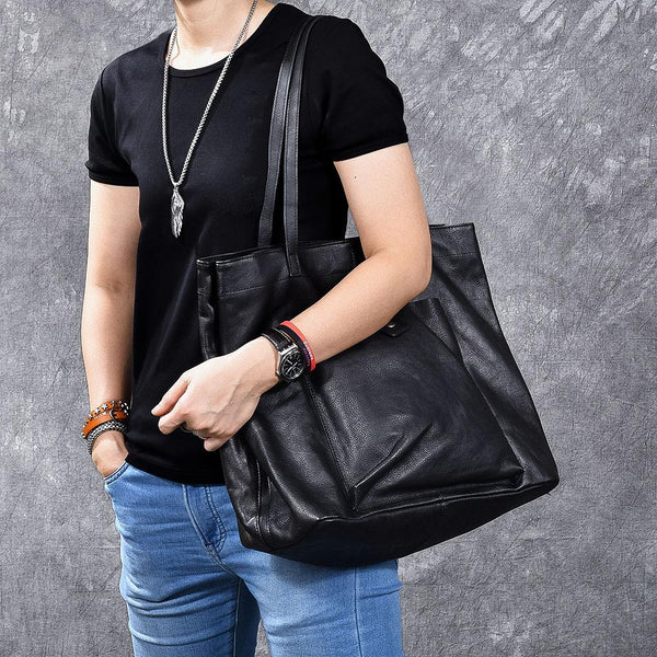 Leather Mens Womens 15" Large Shoulder Bag Black Tote Bag Large Side Bag Handbag For Men - imessengerbags