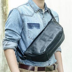 Cool Black Leather Men Chest Bag Large Sling Bag One Shoulder Backpack Sling Packs For Men - imessengerbags