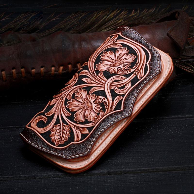Handmade Leather Mens Tooled Floral Clutch Wallet Cool Wallet Long Wallets for Men Women - imessengerbags