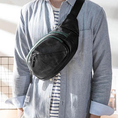 Cool Black Leather Mens Chest Bag Waist Bag Sling Bags Black Fanny Pack for Men - imessengerbags