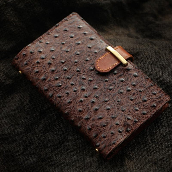 Creative Handmade Ostrich Pattern Leather A6 Travel Notepad Brown Notebook For Men - imessengerbags