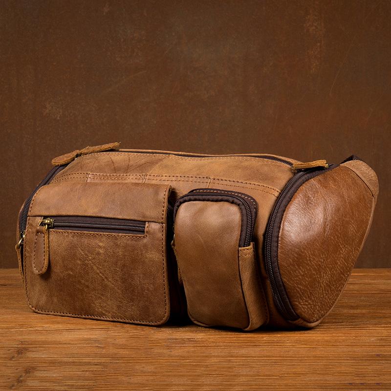 Cool Brown Leather Mens Large Fanny Pack Barrel Waist Bag Chest Bag Hip Pack Bum Pack for men