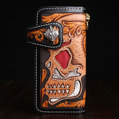 Handmade Leather Skull Mens Chain Biker Wallet Cool Leather Wallet Long Tooled Wallets for Men