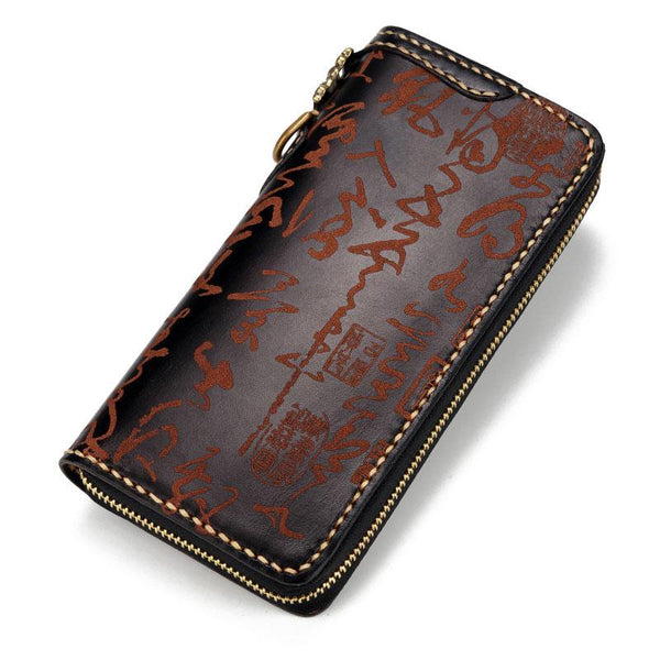 Handmade Leather Mens Chain Chinese Handwriting Biker Wallet Cool Leather Wallet Long Phone Wallets for Men - imessengerbags