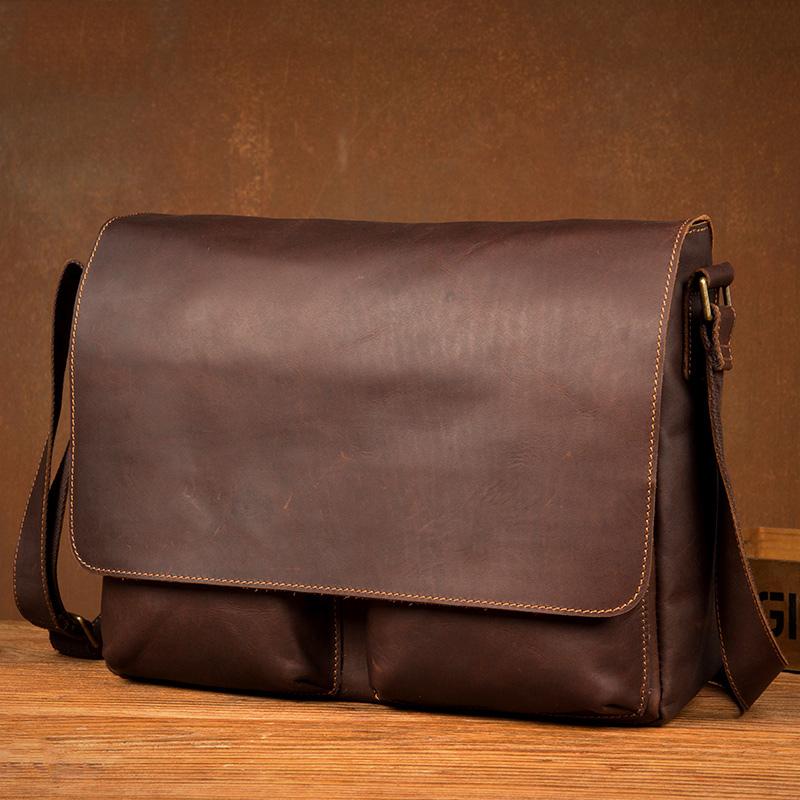 Cool Brown Leather 13 inches Mens Courier Bag Messenger Bags Postman Bag for Men