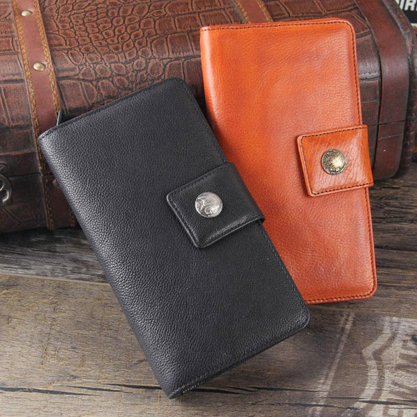 Genuine Leather Mens Cool Long Leather Wallet Cards Clutch Wristlet Wallet for Men - imessengerbags
