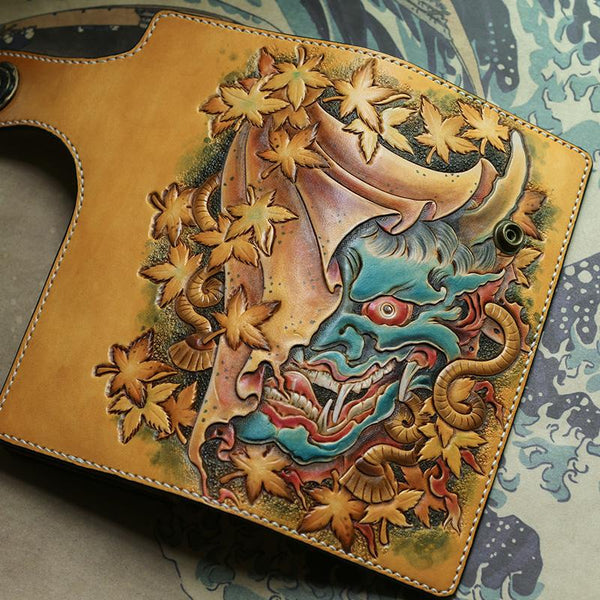 Handmade Leather Tooled PRAJNA Mens Chain Biker Wallet Cool Leather Wallet With Chain Wallets for Men - imessengerbags