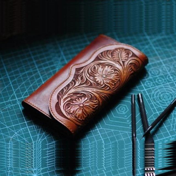 Handmade Leather Vintage Tooled Mens Long Wallet Cool Long Wallet for Men - imessengerbags