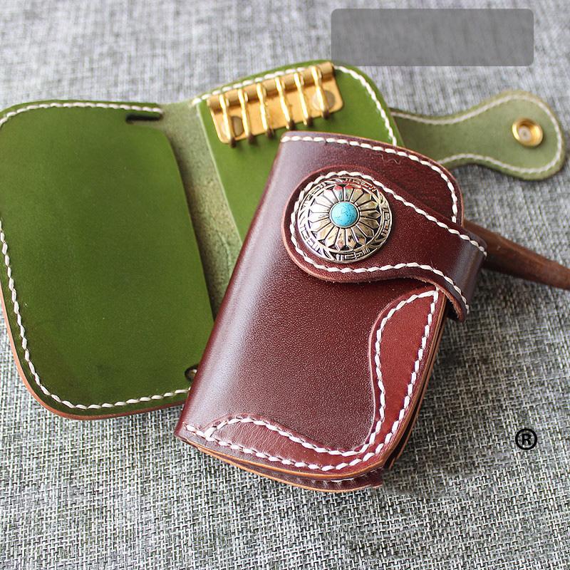 Handmade Green Leather Mens Womens Small Key Holders Key Wallets Coffee Card Key Wallet For Men