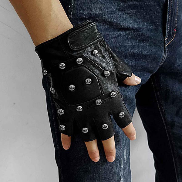 Cool Mens Punk Black Leather Half-Finger Rock Gloves Motorcycle Gloves Black Biker Gloves For Men - imessengerbags