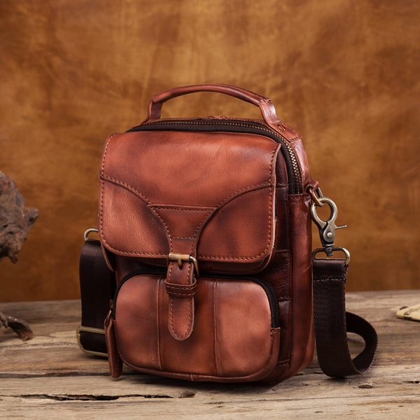 Vintage Leather Brown Men's Small Vertical Side Bag Handbag Belt Bag Pouch  For Men - imessengerbags