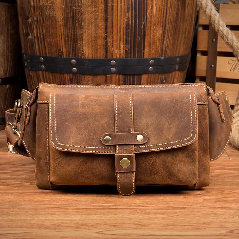 Cool Light Brown Leather Fanny Pack Mens Belt Bags Waist Bags Hip Pack Bumbag for Men