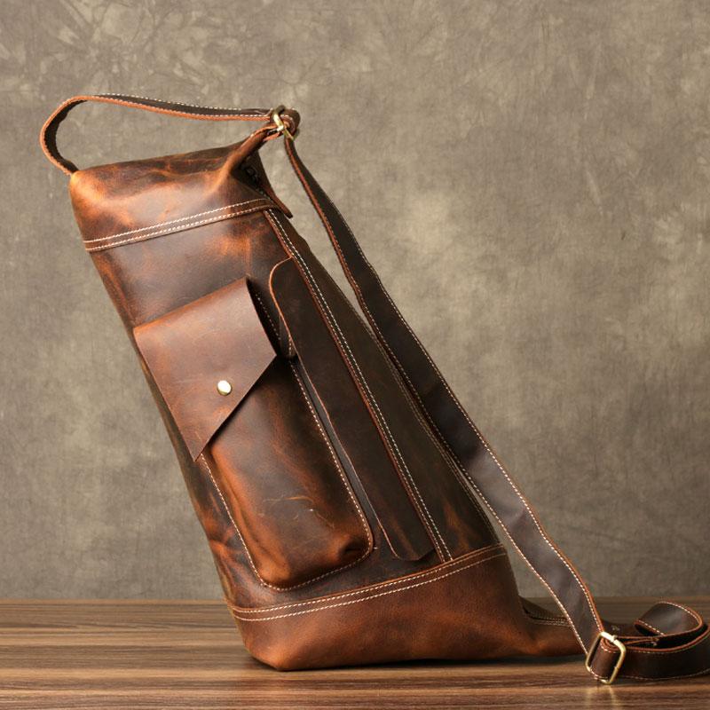 Genuine Leather Mens Cool Chest Bag Sling Bag Crossbody Bag Travel Bag Hiking Bag for men