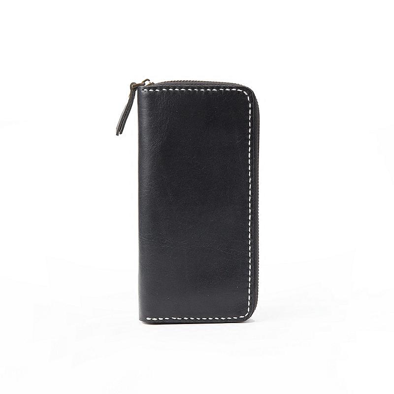 Black Handmade Leather Mens Long Wallet Bifold Zipper Clutch Wallet CellPhone Wallet For Men - imessengerbags