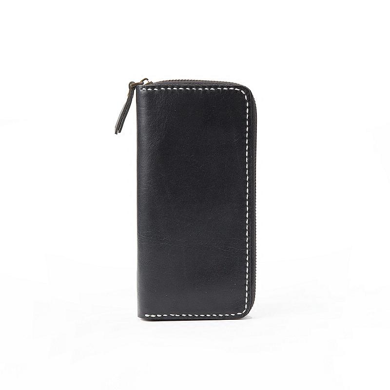 Black Handmade Leather Mens Long Wallet Bifold Zipper Clutch Wallet CellPhone Wallet For Men
