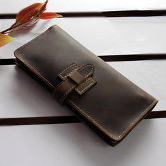 Handmade Dark Brown Leather Mens Bifold Long Wallet Cards Long Wallet For Men