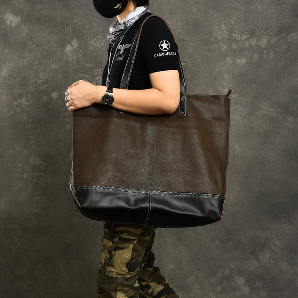 Leather Mens Womens 16" Large Shoulder Bag Black Tote Bag Large Side Bag For Men - imessengerbags