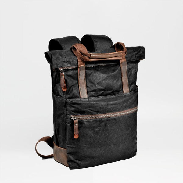 Cool Canvas Leather Mens Black College Backpack 15'' Computer Backpack Travel Backpack Hiking Bag for Men - imessengerbags