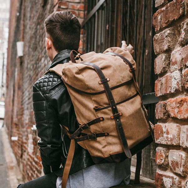 Cool Waxed Canvas Leather Mens Black 15.6‘’ Large Hiking Backpack Green Travel Backpack for Men - imessengerbags