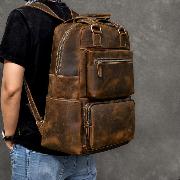 Vintage Brown Leather Mens 16" Laptop Backpack Hiking Backpack Travel Backpack College Bag for Men - imessengerbags
