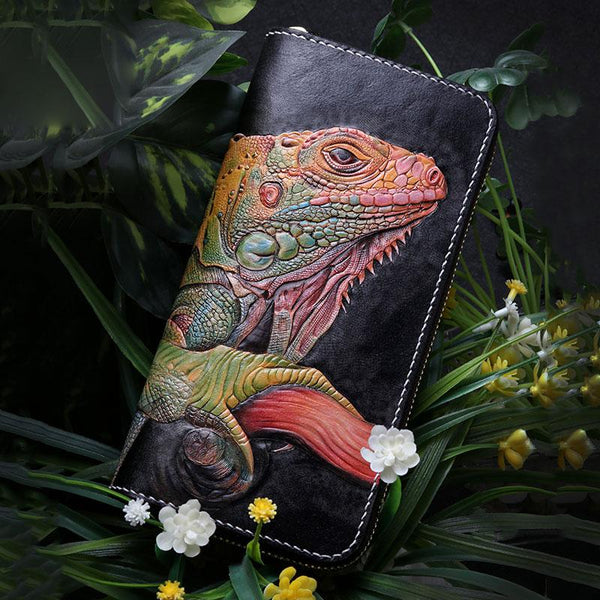 Handmade Leather Chameleon Mens Chain Zipper Biker Wallet Cool Leather Wallet Long Phone Wallets for Men - imessengerbags
