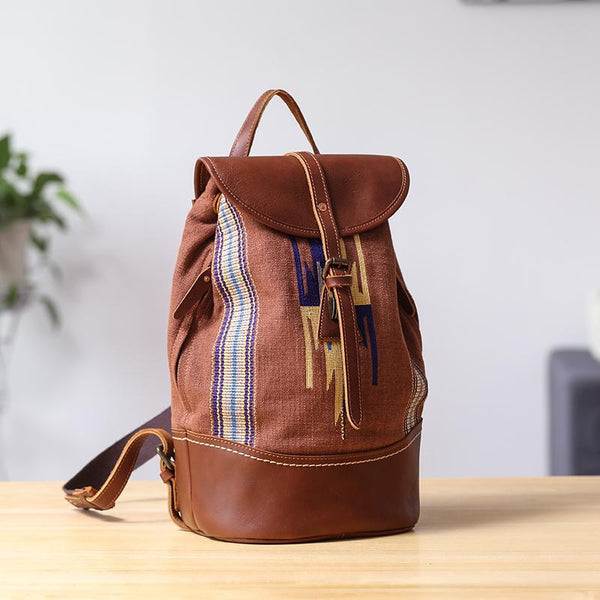 Brown Emroidered Canvas Leather Mens Women Large 14'' College Backpack Travel Backpack for Men - imessengerbags