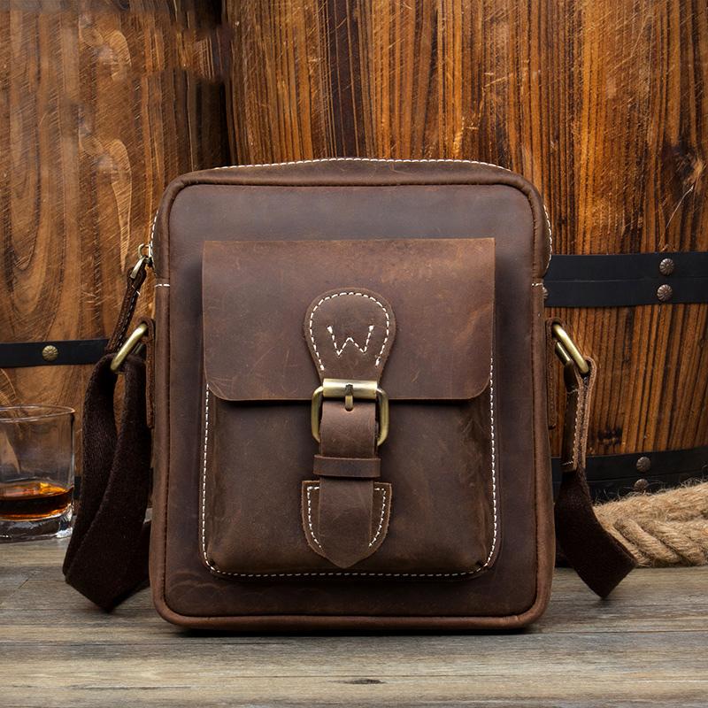 Casual Dark Brown Leather Mens Mini Vertical Messenger Bag Small Side Bags Postman Bag for Men