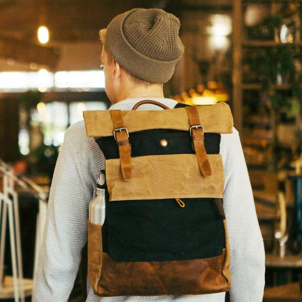 Cool Waxed Canvas Leather Mens Black 15'' Large Waterproof Travel Backpacks Computer Hiking Backpack for Men - imessengerbags
