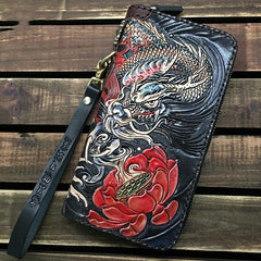 Black Handmade Carp Toad Tooled Leather Long Biker Wallet Black Chain Wallet Clutch Wallet For Men - imessengerbags