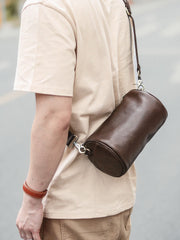Black Leather Mens Small Casual Bucket Bag Barrel Messenger Bags Brown Postman Bag For Men - imessengerbags