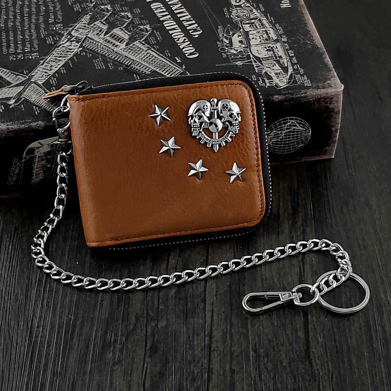 Badass Brown Leather Men's Bifold Small Biker Wallet Chain Wallet Wallet with chain For Men - imessengerbags