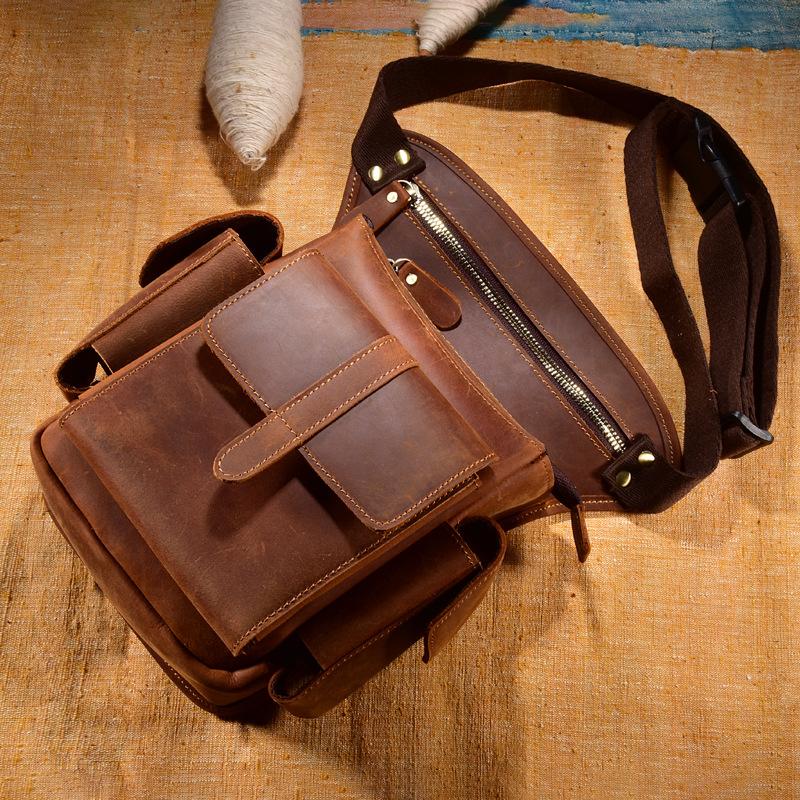 Cool Brown Leather Men's Drop Leg Bag Small Side Bag Belt Pouch Waist Bag For Men