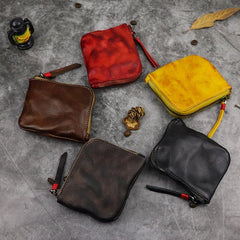 Vintage Leather Men's Small Change Wallet Brown Zipper Front Pocket Wallet For Men
