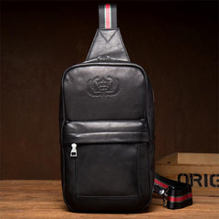 Cool Black Leather Mens Sling Bags Crossbody Pack Black Chest Bags One Shoulder Backpack for men - imessengerbags