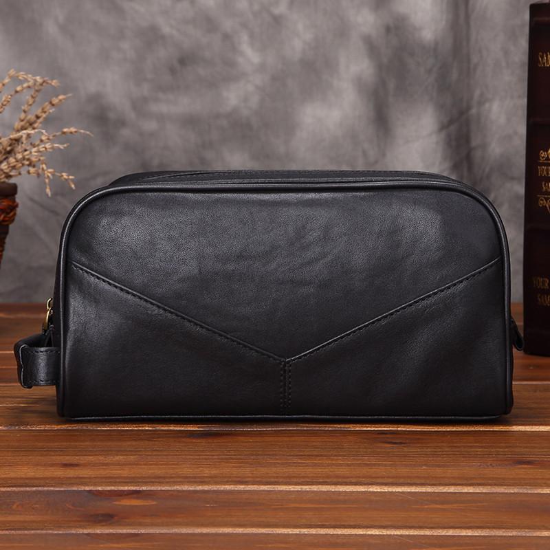 Casual Black Leather Men's Wristlet Bag Double Zipper Clutch Bag For Men - imessengerbags