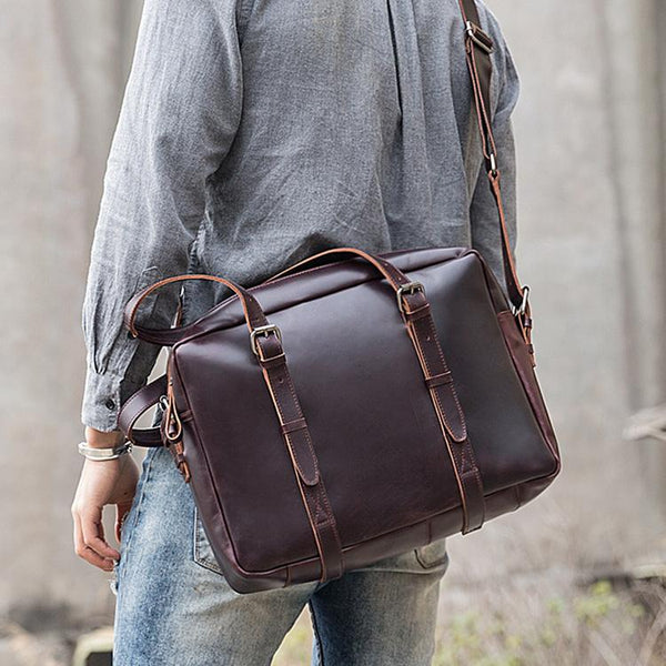 Dark Brown Cool Leather Mens Large 15 inches Briefcase Laptop Briefcase Messenger Bags Side Bags Work Bag for Men