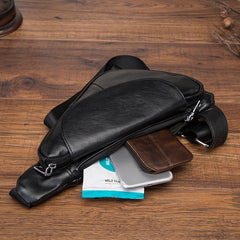 Cool Black Leather Mens Sling Bag Chest Bag One-Shoulder Backpack For Men - imessengerbags