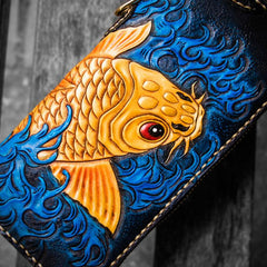 Handmade Leather Men Tooled Carp Cool Leather Wallet Long Phone Wallets for Men - imessengerbags