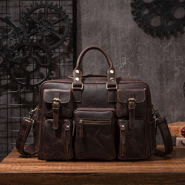 Vintage Leather Mens Travel Bag Cool Overnight Bag Work Handbag Business Bag for Men - imessengerbags