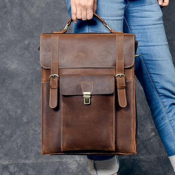 Leather Mens 14" Brown Laptop Backpack Side Bag Backpack College Backpack Handbag for Men - imessengerbags